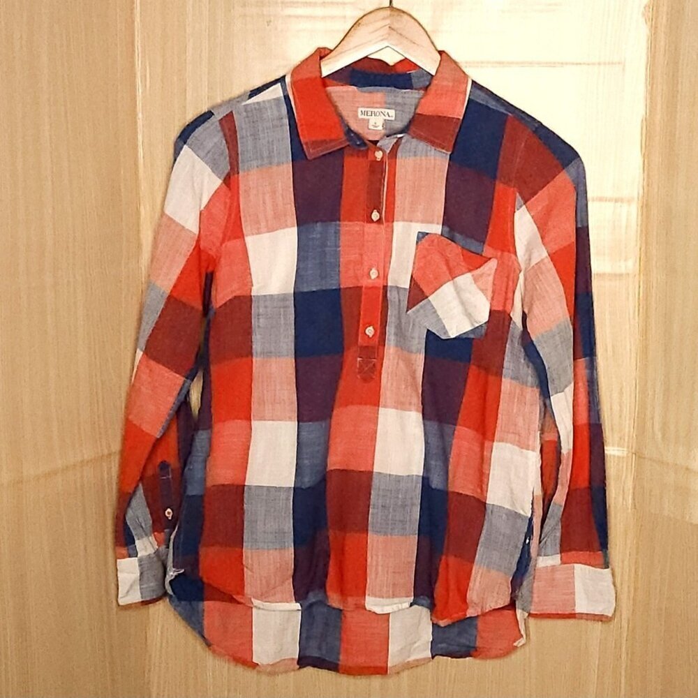 Merona Womens Americana USA Plaid Cotton Pullover Top Large